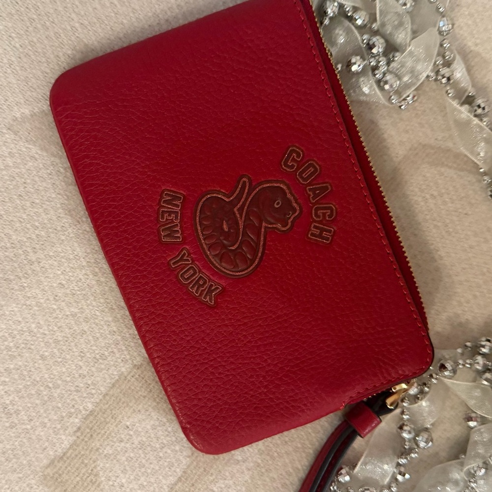 NWOT Coach New York Red Corner Zip Wristlet with Snake Design Pebbled Leather